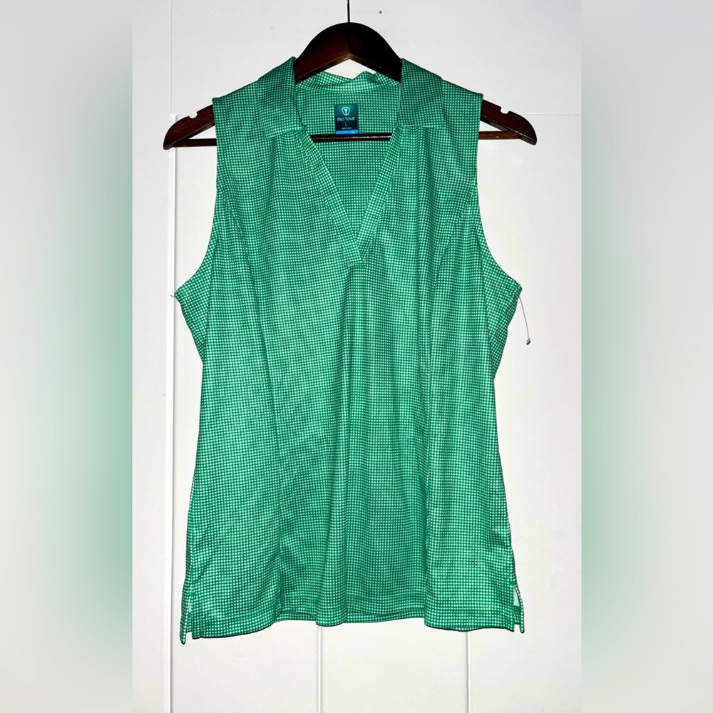 PGA Pro Tour Coolplay  Green Plaid Women L‎ Golf Polo Top Motion Range Casual